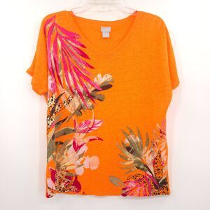 Chico's 100% linen tropical tee‎ t-shirt womens Size 0 (S) orange short sleeve